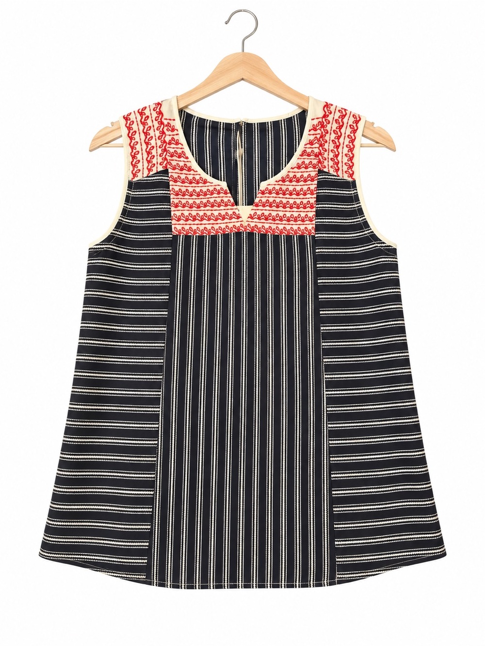 THML Dauphine Mixed Stripe Red Folk Embroidered Boho Tank Top Blouse Size Small